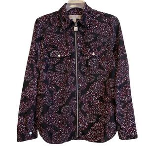 Michael Kors Multi Floral Black Purple Lock Zipper Long Sleeve Woven Top Size S